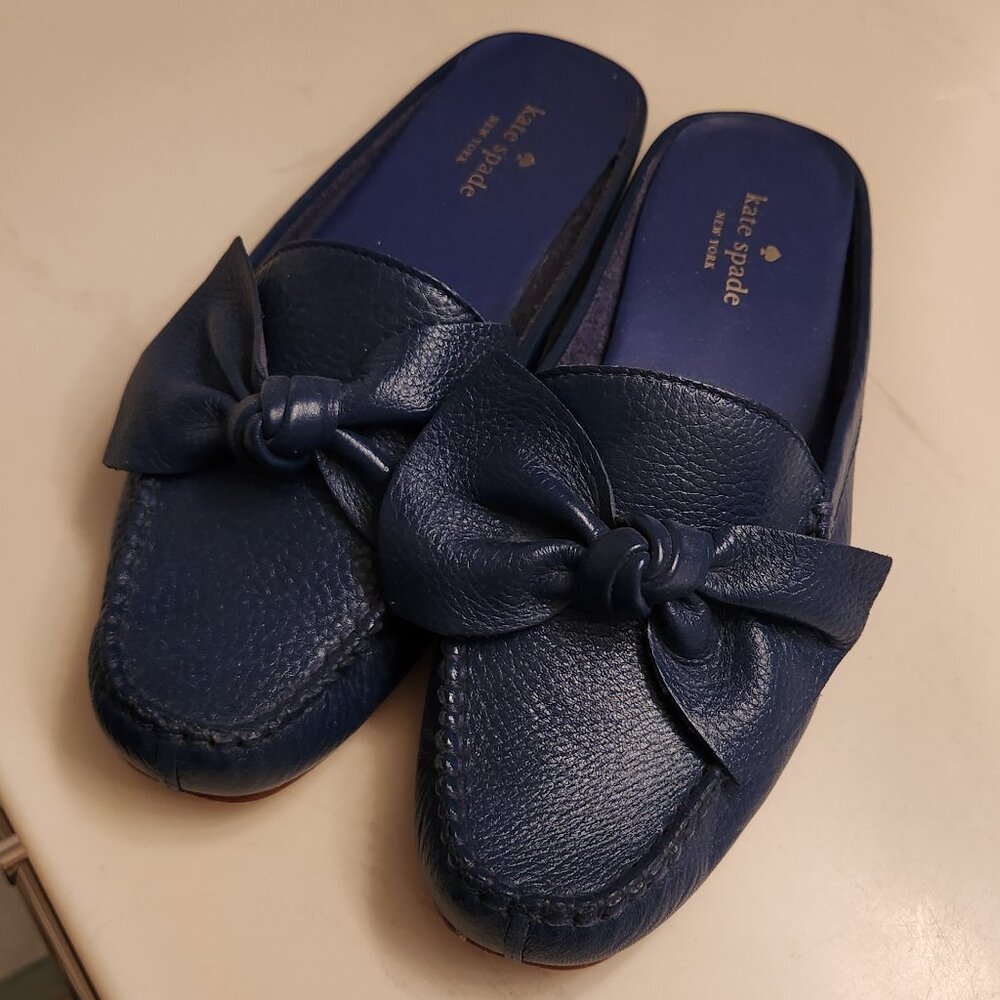 Kate Spade Blue Leather Loafers with Bow Detail - Size 8